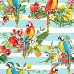 Behang Papegaai Tropische vruchten, bloemen en papegaaivogels naadloze achtergrond. Retro zomerpatroon in vector