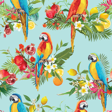 Tropical Fruits, Flowers and Parrot Birds Seamless Background. Retro Summer Pattern in Vector