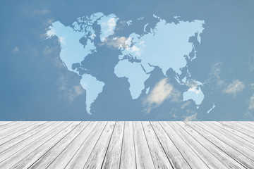 Blue sky cloud with Wood terrace and world map