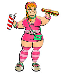 Diet and weight. Plump girl eating fast food. From a large series of similar images.