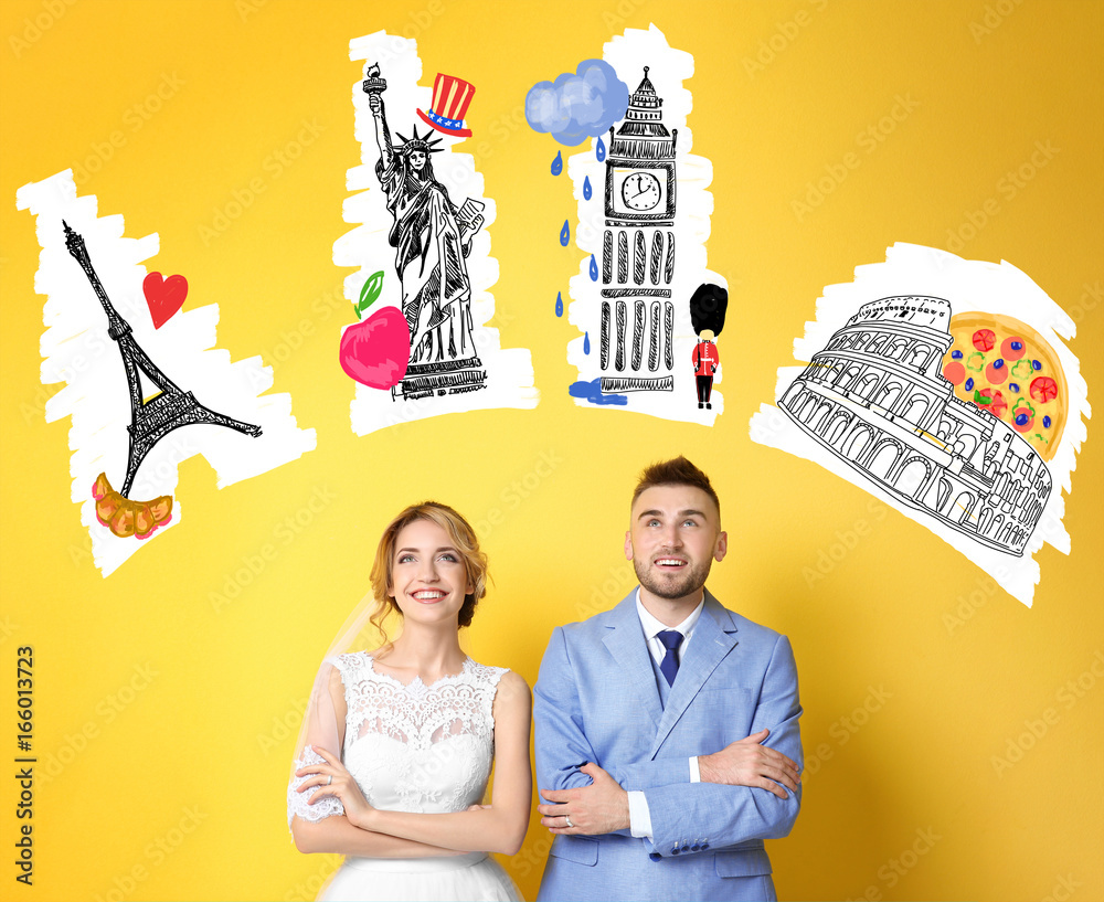 Sticker Happy wedding couple planning honeymoon and drawings on color background