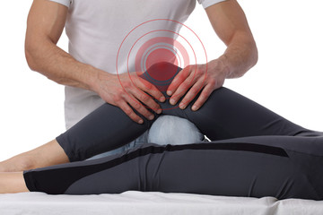 Woman having chiropractic adjustment, healing treatment. Osteopathy, manual therapy, acupressure. Alternative medicine, pain relief concept. Rehabilitation after sport Injury, isolated on white.