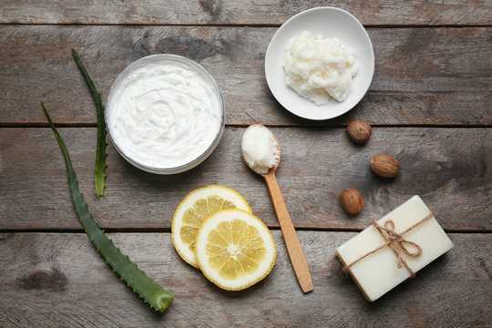 Beautiful Composition With Shea Butter In Jar On Table