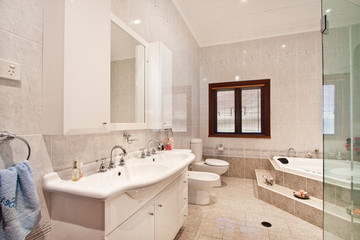 Fototapeta na wymiar A modern bathroom with a shower area and a bathtub including a wall mirror