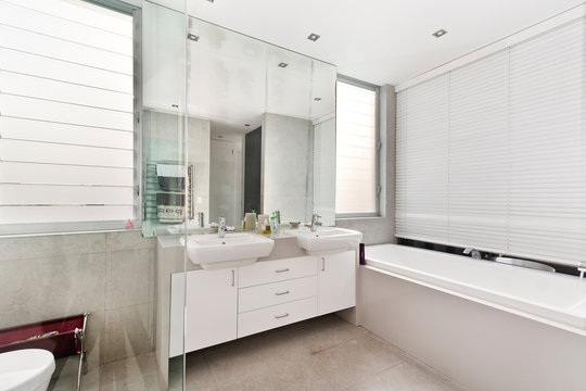 A modern bathroom with a shower area and a bathtub including a wall mirror