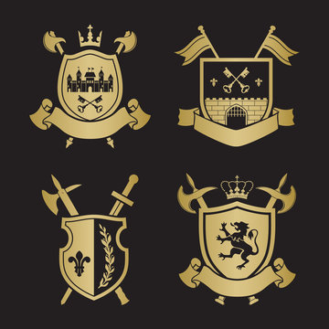 Coats of arms - shields with crown, town, halberds at the sides