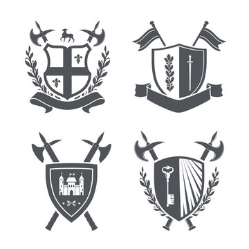 Coats of arms - shields with fleur-de-lys, town, halberds at the sides