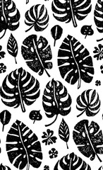 Seamless trendy black pattern with exotic Monstera palm leaves on a white background. Vector botanical illustration