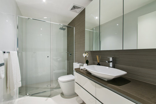 A modern bathroom with a shower area and a bathtub including a wall mirror