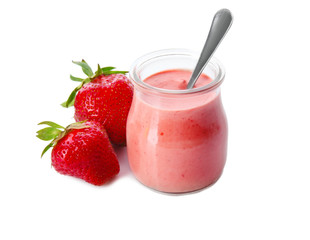 Homemade strawberry yogurt in glass jar on white background