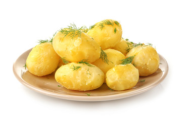 Plate with boiled potatoes on white background