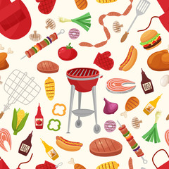 Barbecue and Grill for Home Party or Restaurant Background Pattern. Products and Kitchen Tools Flat Design Style Vector illustration