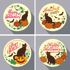 Set of round buttons with black cat, flying bats, pumpkin and hand drawn text 