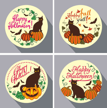 Set of round buttons with black cat, flying bats, pumpkin and hand drawn text "Happy Halloween!" Original design element for greeting cards, invitations, prints. Vector clip art.