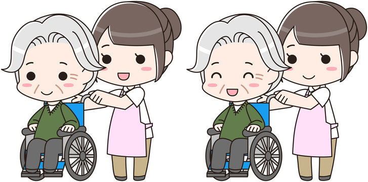 老人 高齢者 車椅子 介護士 看護師 笑顔 イラスト
