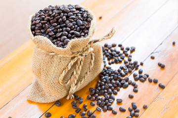 Coffee beans in sacks on wooden boards