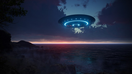 Fototapeta na wymiar 3D UFO over the sea and waves