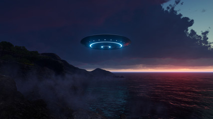 3D UFO over the sea and waves © kolbass