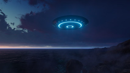 Fototapeta na wymiar 3D UFO over the sea and waves