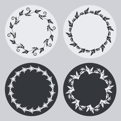 Set of silhouette round frames with floral elements. Design element for logo, banners, labels, prints, posters, web, presentation, invitations, weddings, greeting cards, albums. Vector clip art.