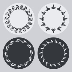 Set of silhouette round frames with floral elements. Design element for logo, banners, labels, prints, posters, web, presentation, invitations, weddings, greeting cards, albums. Vector clip art.