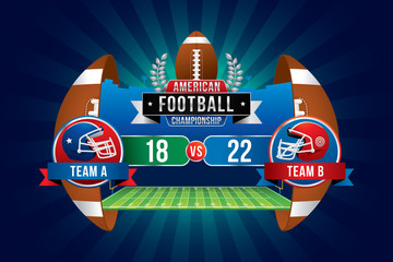 Vector of American football championship with team competition and scoreboard on green field background. © Manovector