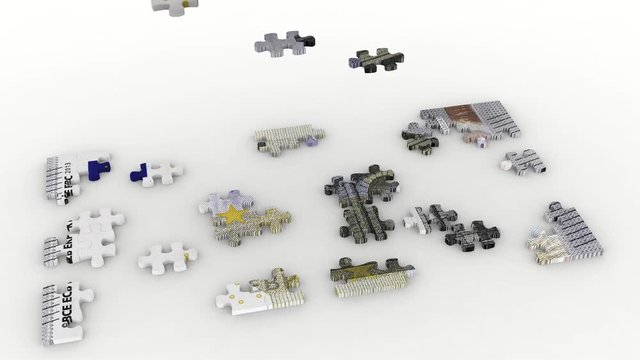 Animazione illustrazione 3D. Creazione puzzle e mazzetta cinque euro su sfondo bianco..