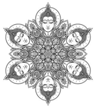Buddha faces in ornate mandala round pattern. Esoteric vintage vector illustration. Indian, Buddhism, spiritual art. Hippie tattoo, spirituality.