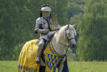 Medieval knight in armor on horseback