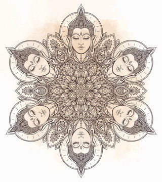 Buddha faces in ornate mandala round pattern. Esoteric vintage vector illustration. Indian, Buddhism, spiritual art. Hippie tattoo, spirituality.