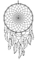 Hand drawn Native American Indian talisman dreamcatcher with feathers and moon. Vector hipster illustration isolated on white. Ethnic design, boho chic, tribal symbol. - obrazy, fototapety, plakaty