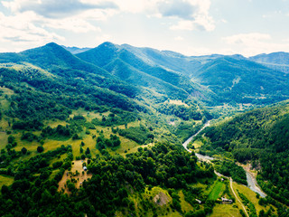 Aerial Drone Fly Over Carpathian Mountains Forest In Transylvania