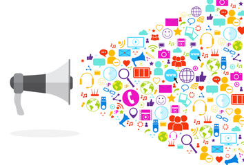 Megaphone Social Media Icons On White Background Network Communication Concept Vector Illustration