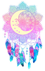  Hand drawn Native American Indian talisman dreamcatcher with feathers, moon. Vector hipster illustration isolated on white. Ethnic design, boho chic, Blackwork tattoo flash.