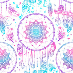 Hand drawn Native American Indian talisman dreamcatcher with feathers and moon. Seamless pattern. Vector hipster illustration. Ethnic design, boho chic, tribal symbol.
