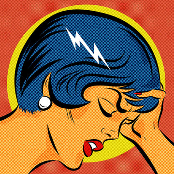 pop art femme qui a mal &agrave; la t&ecirc;te et souffre de migraine 