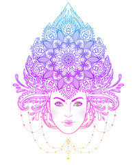 Tribal Fusion Boho Diva. Beautiful Asian divine girl with ornate crown, kokoshnik inspired. Bohemian goddess. Hand drawn elegant illustration.