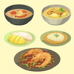 Traditional National thai food thailand asian plate cuisine seafood prawn cooking delicious vector illustration.