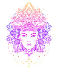 Tribal Fusion Boho Diva. Beautiful Asian divine girl with ornate crown, kokoshnik inspired. Bohemian goddess. Hand drawn elegant illustration.