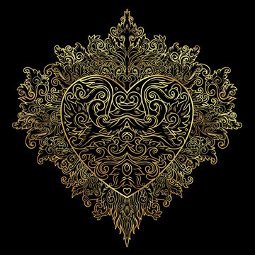 Ornamental Balinese style heart.  Vector Valentine's day ornate outline illustration isolated. Hindu ethnic symbol, tattoo art, yoga, Bali spiritual design for print, posters.