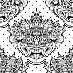Barong. Traditional ritual Balinese mask. Vector decorative ornate outline black and white seamless pattern. Hindu ethnic symbol, tattoo art, yoga, Bali spiritual design