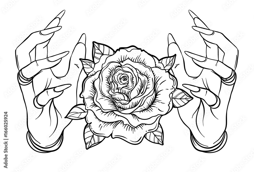 Wall mural vintage astronomy: human hands with blackwork tattoo. rose flower. highly detailed vector illustrati