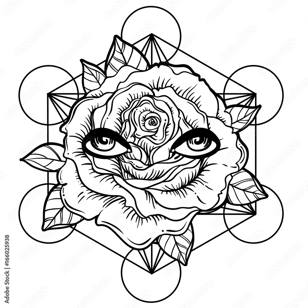 Wall mural Blackwork tattoo flash. Rose flower, sacred geometry, eyes. Highly detailed vector illustration isolated on white. Tattoo design, mystic symbol. New school dotwork. Boho design.