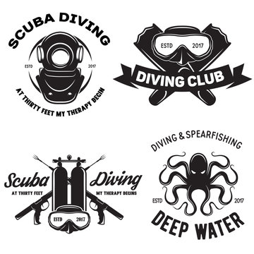Set of Scuba diving club and diving school badges with design elements. Vector illustration. Concept for shirt or logo, print, stamp or tee.