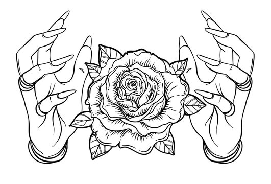Vintage Astronomy: human hands with Blackwork tattoo. Rose flower. Highly detailed vector illustration isolated on white. Dotwork ink flash design.