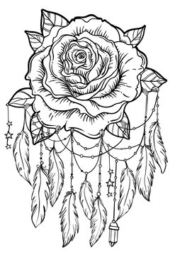 Dream catcher with rose flower, detailed vector illustration isolated on white. Blackwork tattoo flash, mystic symbol. New school dotwork. Boho design.