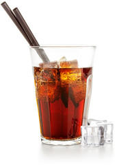 coke glass and ice cubes on white background