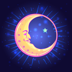 Vector drawing of the Moon with human face over night sky background. Mystical illustration with Crescent.