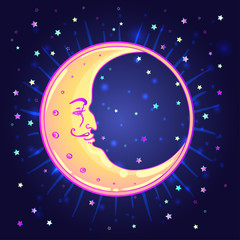 Fototapeta premium Vector drawing of the Moon with human face over night sky background. Mystical illustration with Crescent.