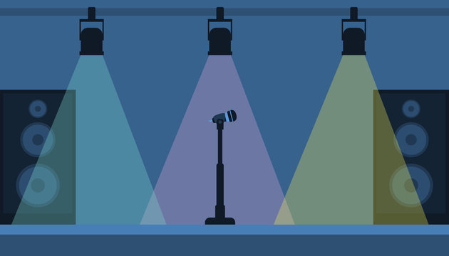 Concert stage with a microphone and a lamp. Vector illustration